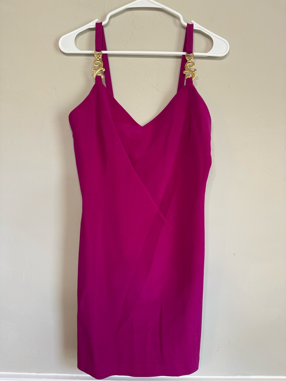 Fuchsia V-Neck Mini Dress with Gold Accent Straps